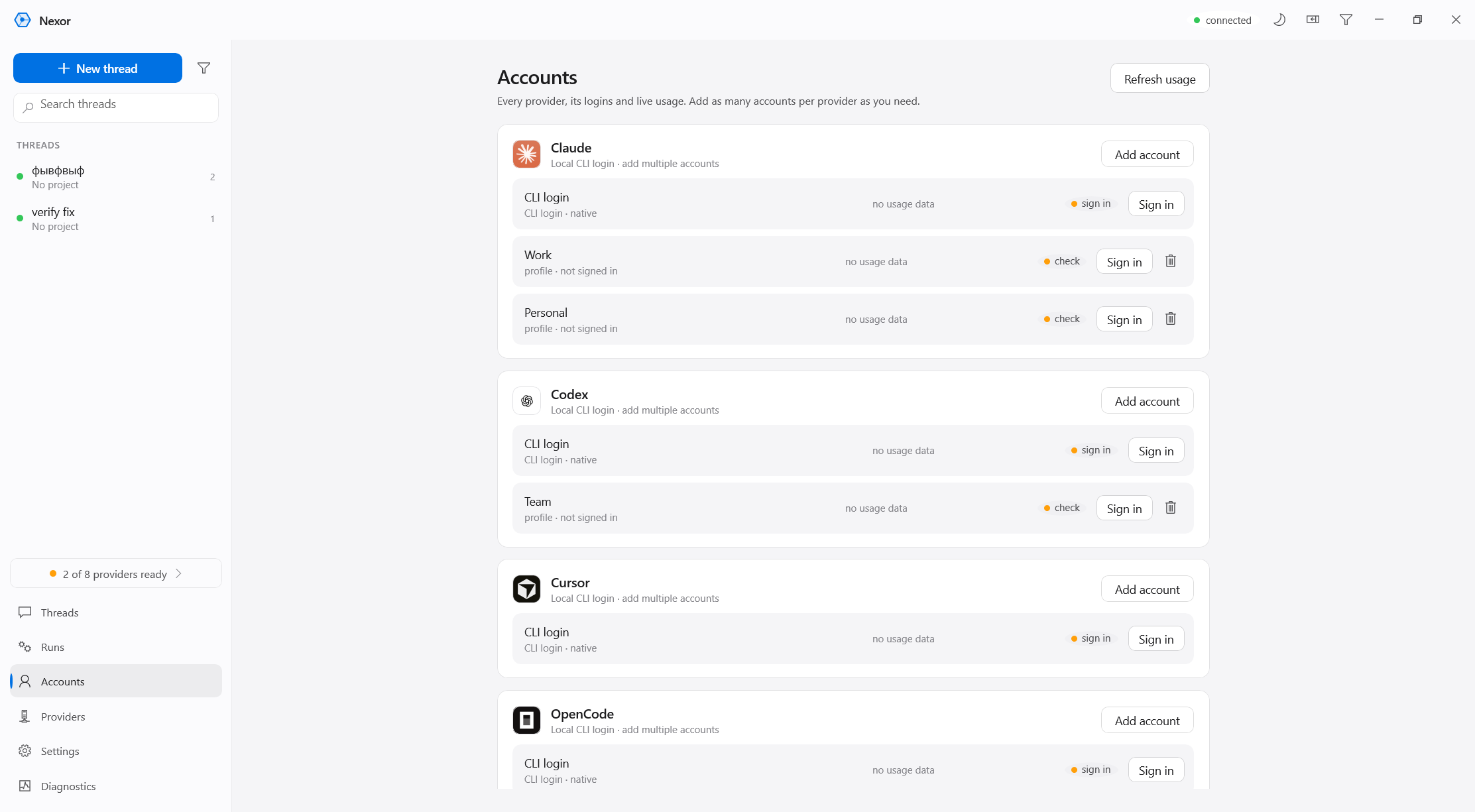 Accounts — every provider, its logins and usage